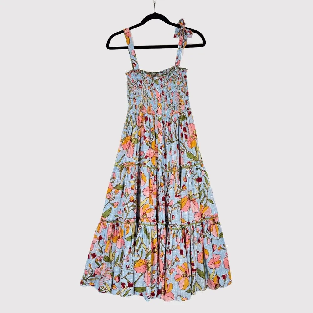 Poupette St Barth Dress Blue Midi Kleid Triny Floral Tank Tiered Smocked Boho XS